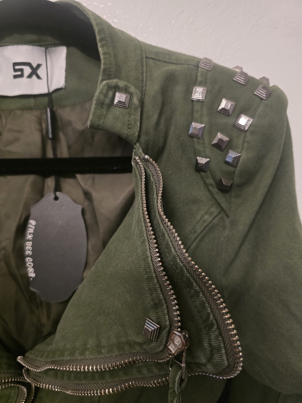 Olive Green Studded Utility Moto Jacket - Picture 2 of 4